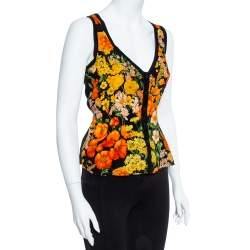 مملوكة مسبقًا توب دولتشي أند غابانا بلا أكمام قطن و حرير مطبوع مورد أسود مقاس متوسط (ميديوم)