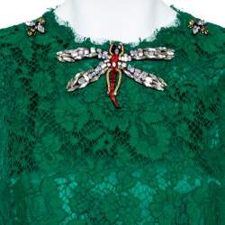 Pre Owned Dolce & Gabbana Green Lace Dragonfly Embellished Sleeveless Shift Dress S 