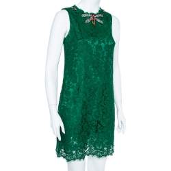 Pre Owned Dolce & Gabbana Green Lace Dragonfly Embellished Sleeveless Shift Dress S 