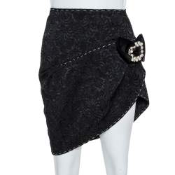 Pre Owned Dolce & Gabbana Black Brocade Crystal Bow Asymmetric Mini Skirt S