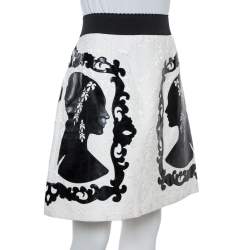 Pre Owned Dolce & Gabbana Monochrome Portrait Appliqué Brocade Skirt M