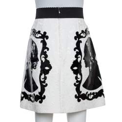 Pre Owned Dolce & Gabbana Monochrome Portrait Appliqué Brocade Skirt M