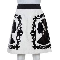Pre Owned Dolce & Gabbana Monochrome Portrait Appliqué Brocade Skirt M