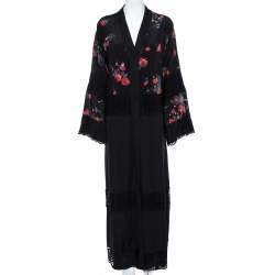 Dolce & Gabbana Black Floral Print Silk Lace Trim Abaya S