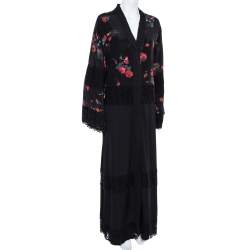 Dolce & Gabbana Black Floral Print Silk Lace Trim Abaya S