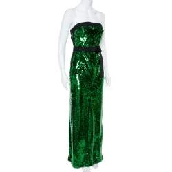 Pre Owned Dolce & Gabbana Green Sequined Strapless Maxi Dress M