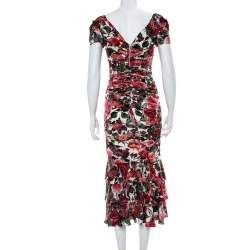 مملوكة مسبقًا Dolce & Gabbana Multicolor Floral Printed Silk Crepe Ruched Midi Dress S