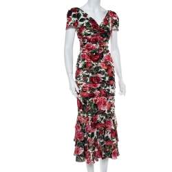 مملوكة مسبقًا Dolce & Gabbana Multicolor Floral Printed Silk Crepe Ruched Midi Dress S