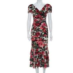 Pre Owned Dolce & Gabbana Multicolor Floral Printed Silk Crepe Ruched Midi Dress S