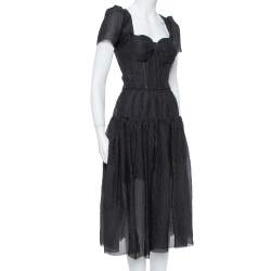 Pre Owned Dolce & Gabbana Black Textured Silk Corset Detail Flared Midi Dress S