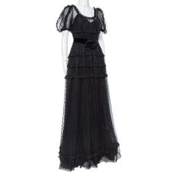 Pre Owned Dolce & Gabbana Black Tulle Ruffle Lace Detail Flared Maxi Dress S
