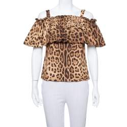 Pre Owned Dolce & Gabbana Brown Leopard Print Cotton Off Shoulder Blouse XS
