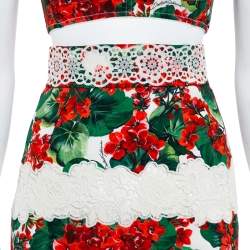 Pre Owned Dolce & Gabbana Hydrangea Printed Crepe & Paneled Lace Cropped Top & Skirt Set S