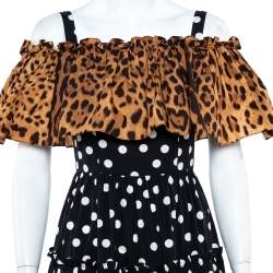 Pre Owned Dolce & Gabbana Two Tone Polka Dot & Leopard Printed Cotton Off Shoulder Dress S