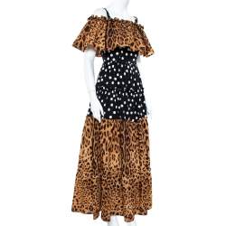Pre Owned Dolce & Gabbana Two Tone Polka Dot & Leopard Printed Cotton Off Shoulder Dress S