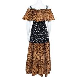Pre Owned Dolce & Gabbana Two Tone Polka Dot & Leopard Printed Cotton Off Shoulder Dress S