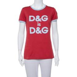 Pre Owned Dolce & Gabbana Red Logo Printed Cotton Contrast Detail T Shirt S