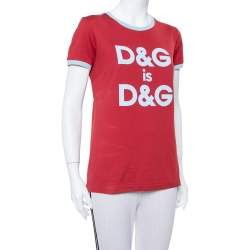 Pre Owned Dolce & Gabbana Red Logo Printed Cotton Contrast Detail T Shirt S