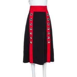 Pre Owned Dolce & Gabbana Black and Red Stretch Wool Button Detail Midi Skirt M