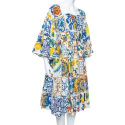 Pre Owned Dolce & Gabbana Multicolor Majolica Printed Cotton Flared Midi Dress S