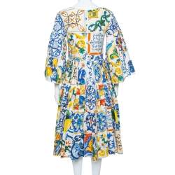 Pre Owned Dolce & Gabbana Multicolor Majolica Printed Cotton Flared Midi Dress S