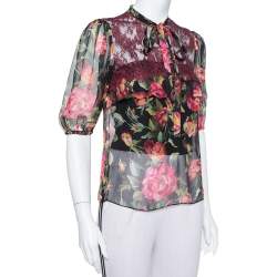 Pre Owned توب دولتشي أند غابانا حرير ودانتيل متعدد الألوان بربطة عنق شفاف مقاس صغير - سمول