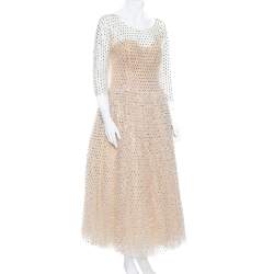 Pre Owned Dolce & Gabbana Cream Crystal Embellished Tulle Evening Gown L