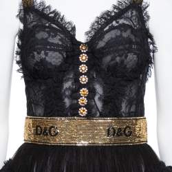 Pre Owned Dolce & Gabbana Black Floral Lace & Tulle Sequin Embellished Tiered Evening Gown S