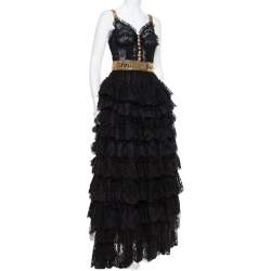 Pre Owned Dolce & Gabbana Black Floral Lace & Tulle Sequin Embellished Tiered Evening Gown S