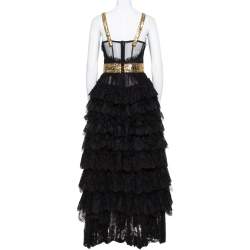 Pre Owned Dolce & Gabbana Black Floral Lace & Tulle Sequin Embellished Tiered Evening Gown S