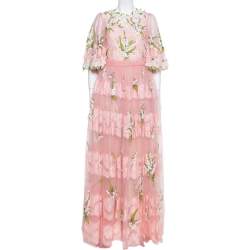 Pre Owned Dolce & Gabbana Pink Tulle Floral Applique Detail Maxi Dress M