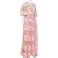 Pre Owned Dolce & Gabbana Pink Tulle Floral Applique Detail Maxi Dress M