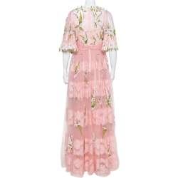 Pre Owned Dolce & Gabbana Pink Tulle Floral Applique Detail Maxi Dress M