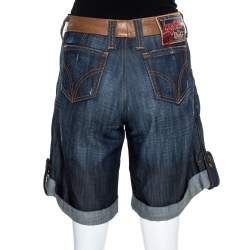 Pre Owned D&G Navy Blue Denim Leather Trim Detail Oversized Shorts M