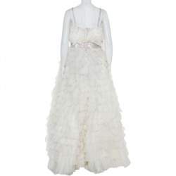 Pre Owned Dolce & Gabbana White Ruffled Silk Embellished Belt Detail Wedding Gown S