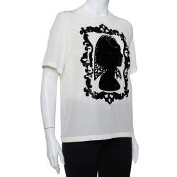 Pre Owned Dolce & Gabbana Cream Silk Silhouette Applique Detail Short Sleeve Top M