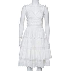 Pre Owned Dolce & Gabbana White Cotton Lace Trim Detail Tiered Mini Dress S