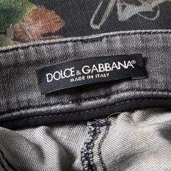 Pre Owned Dolce & Gabbana Grey Denim Grapes Printed Frayed Hem Paneled Bootcut Jeans S