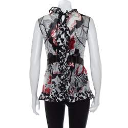Pre Owned Dolce & Gabbana Multicolor Printed Cotton & Silk Ruffle Detail Sleeveless Top M