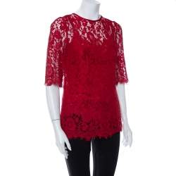 Pre Owned Dolce & Gabbana Red Lace Quarter Sleeve Top M