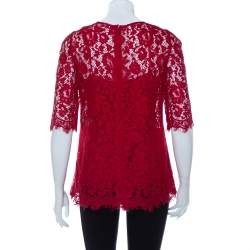 Pre Owned Dolce & Gabbana Red Lace Quarter Sleeve Top M