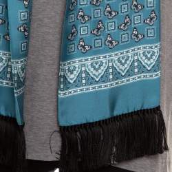 Pre Owned Dolce & Gabbana Grey Cotton V-Neck T-Shirt with Butterfly Printed Tasseled Silk Scarf S