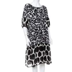 Pre Owned Dolce & Gabbana Monochrome Leaf Printed Silk Ruffled Midi Dress M