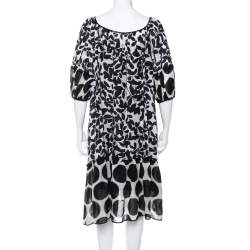 Pre Owned Dolce & Gabbana Monochrome Leaf Printed Silk Ruffled Midi Dress M
