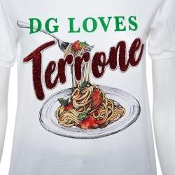 Pre Owned Dolce and Gabbana White Cotton Pasta Graphic Printed Applique Detail Crewneck T-shirt S
