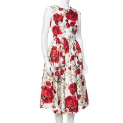 Pre Owned Dolce & Gabbana White Poppy & Daisy Printed Cotton & Silk Sleeveless Midi Dress M