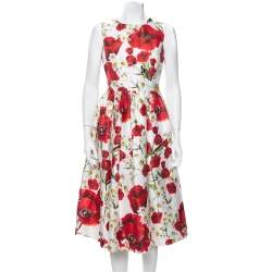 Pre Owned Dolce & Gabbana White Poppy & Daisy Printed Cotton & Silk Sleeveless Midi Dress M