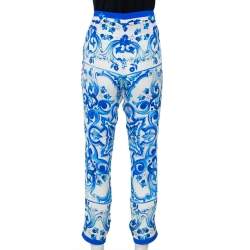 Pre Owned Dolce & Gabbana White & Blue Majolica Printed Silk Tapered Leg Trousers M