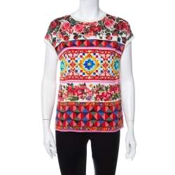 Pre Owned Dolce & Gabbana Multicolor Multiprinted Silk Top S