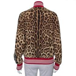 Pre Owned Dolce & Gabbana Brown Animal Printed Silk Contrast Trim Detail Zip Front Jacket S